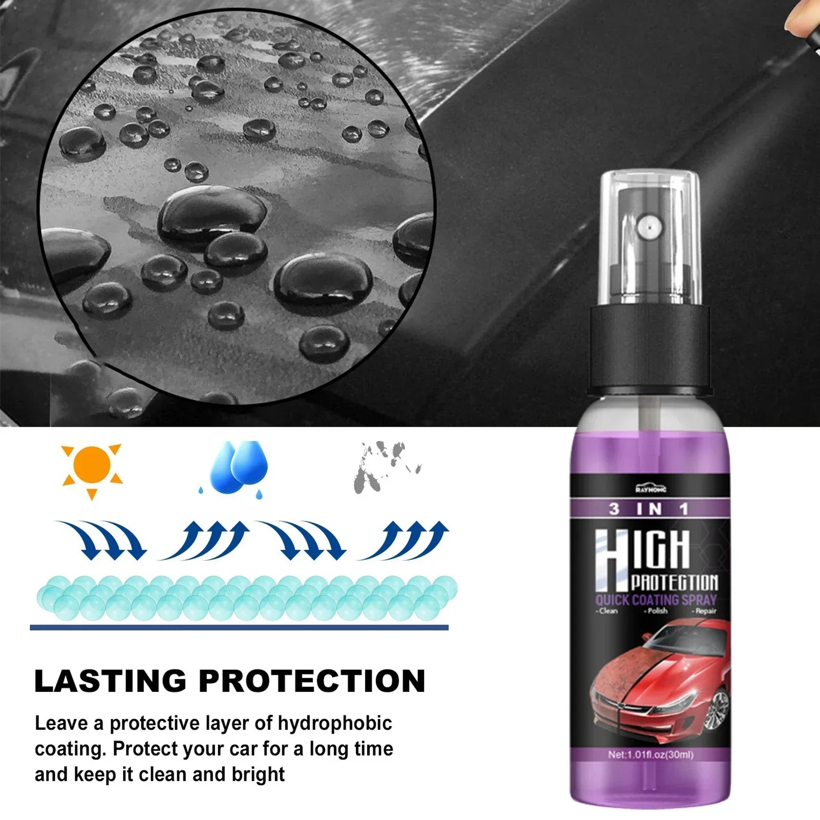 3 in 1 Rapid Ceramic Coating Fortify Car Wax Polish Spray Hydrophobic Intense Gloss Shine for Glass&Wheels&Paint Sealant Detail