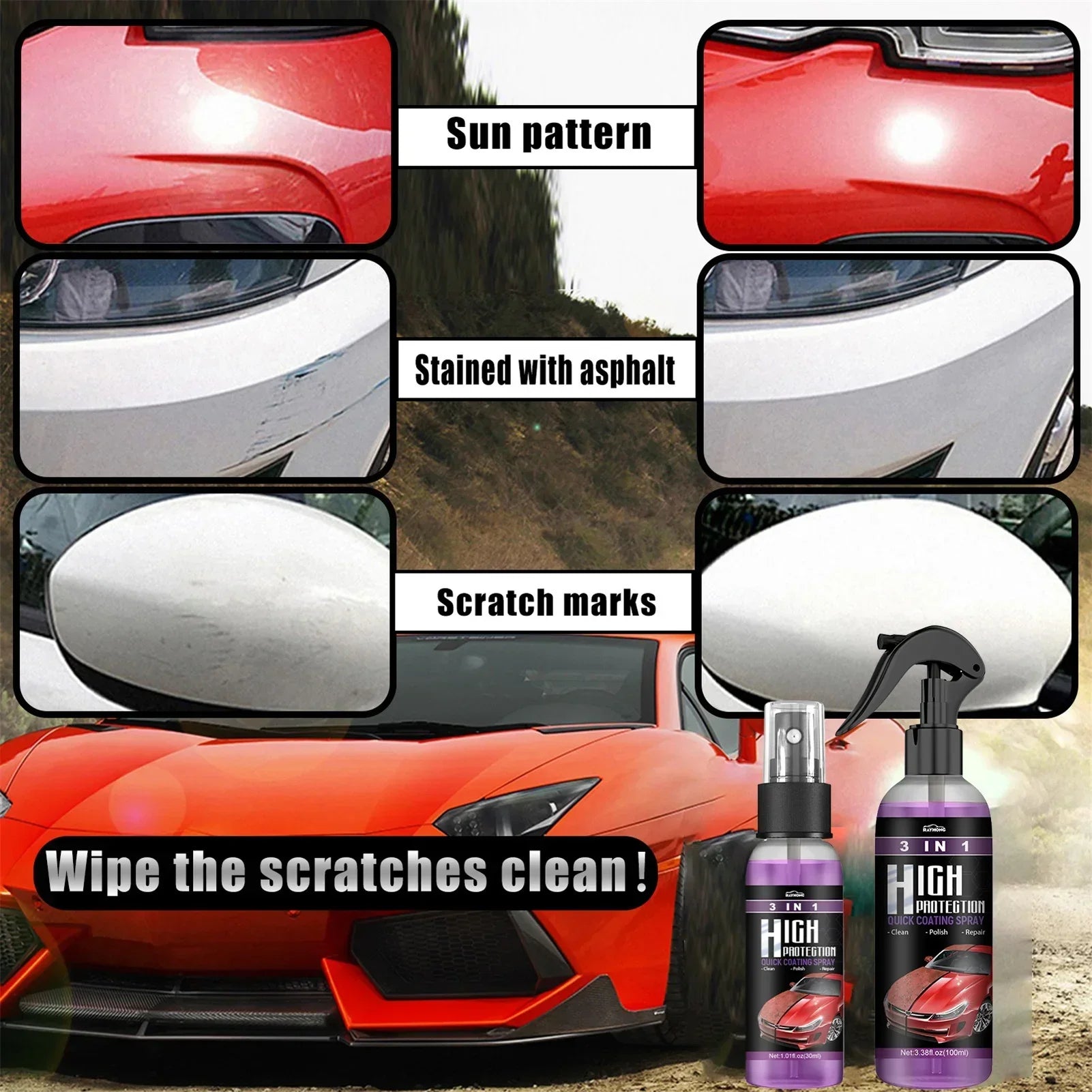 3 in 1 Rapid Ceramic Coating Fortify Car Wax Polish Spray Hydrophobic Intense Gloss Shine for Glass&Wheels&Paint Sealant Detail