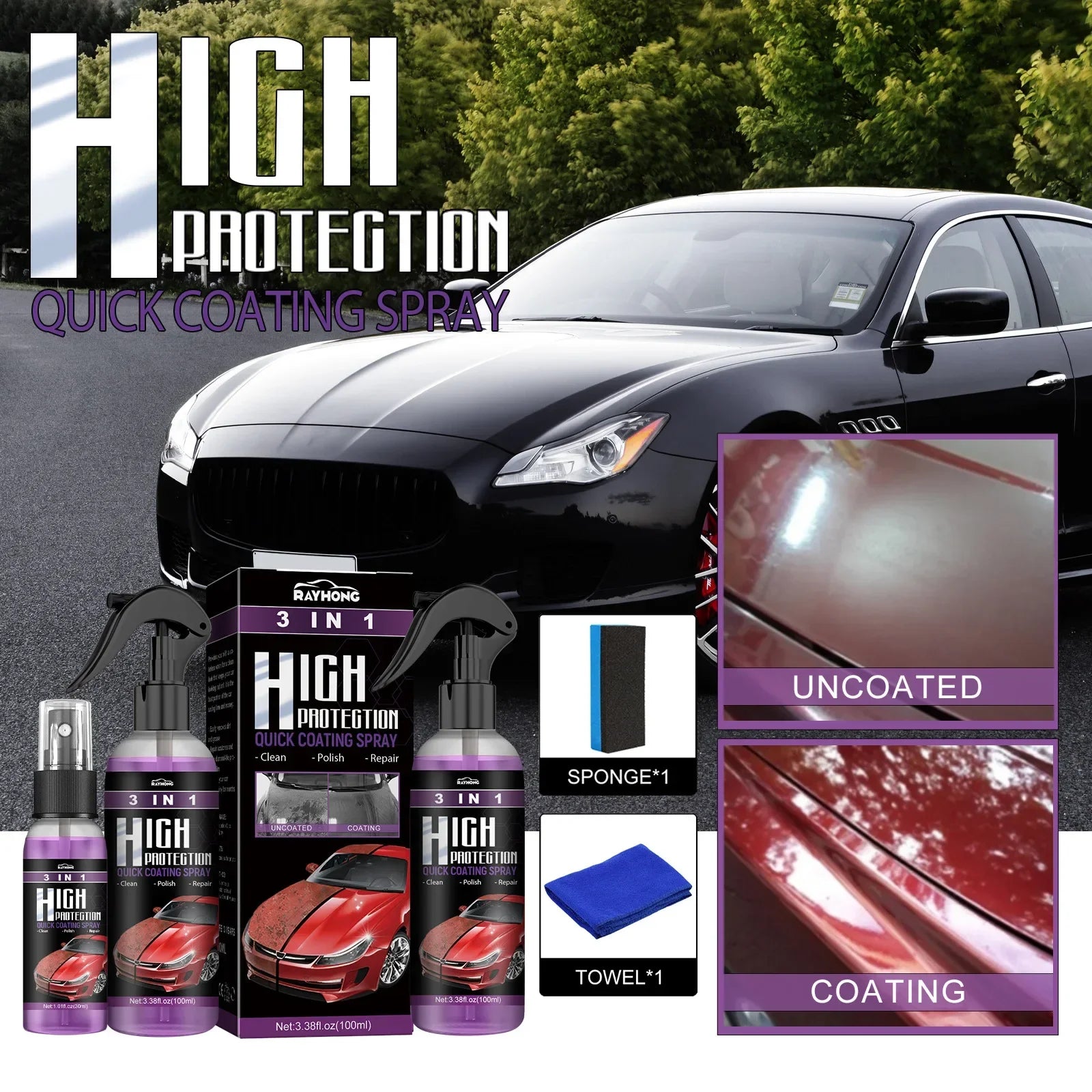 3 in 1 Rapid Ceramic Coating Fortify Car Wax Polish Spray Hydrophobic Intense Gloss Shine for Glass&Wheels&Paint Sealant Detail