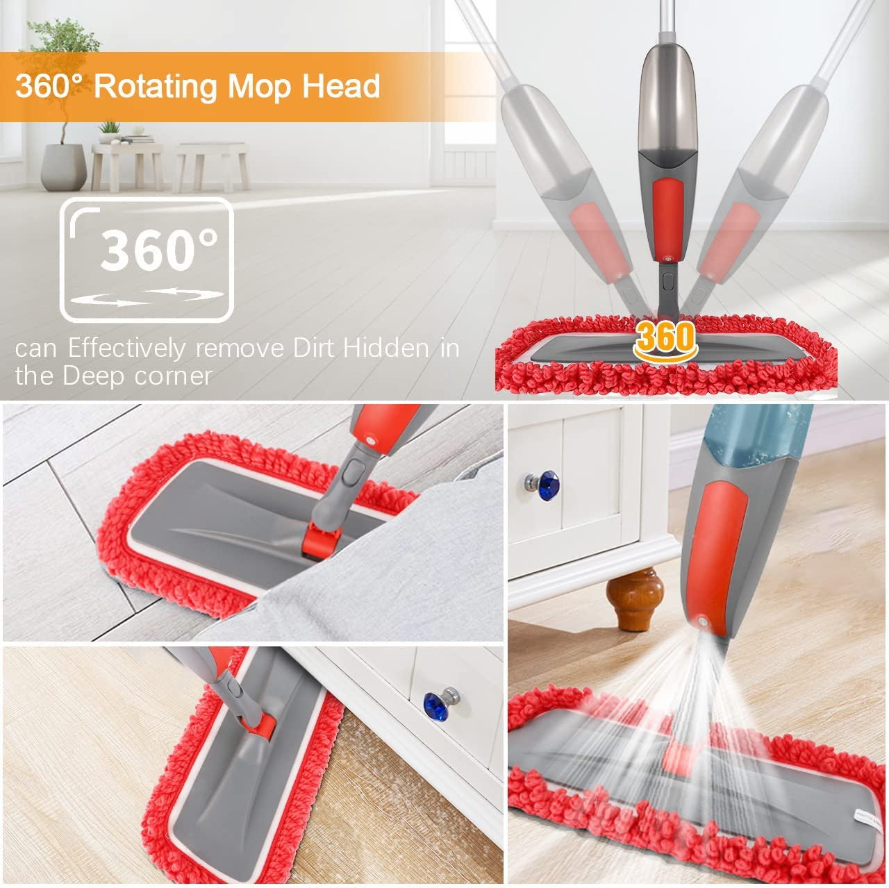 Spray Mop, Floor Mop, 550Ml Wet Jet Mop with 3 Free Reusable Microfiber Pads Multi Mop with Refillable Bottle for Hardwood Floor, Wood, Laminate (Red)