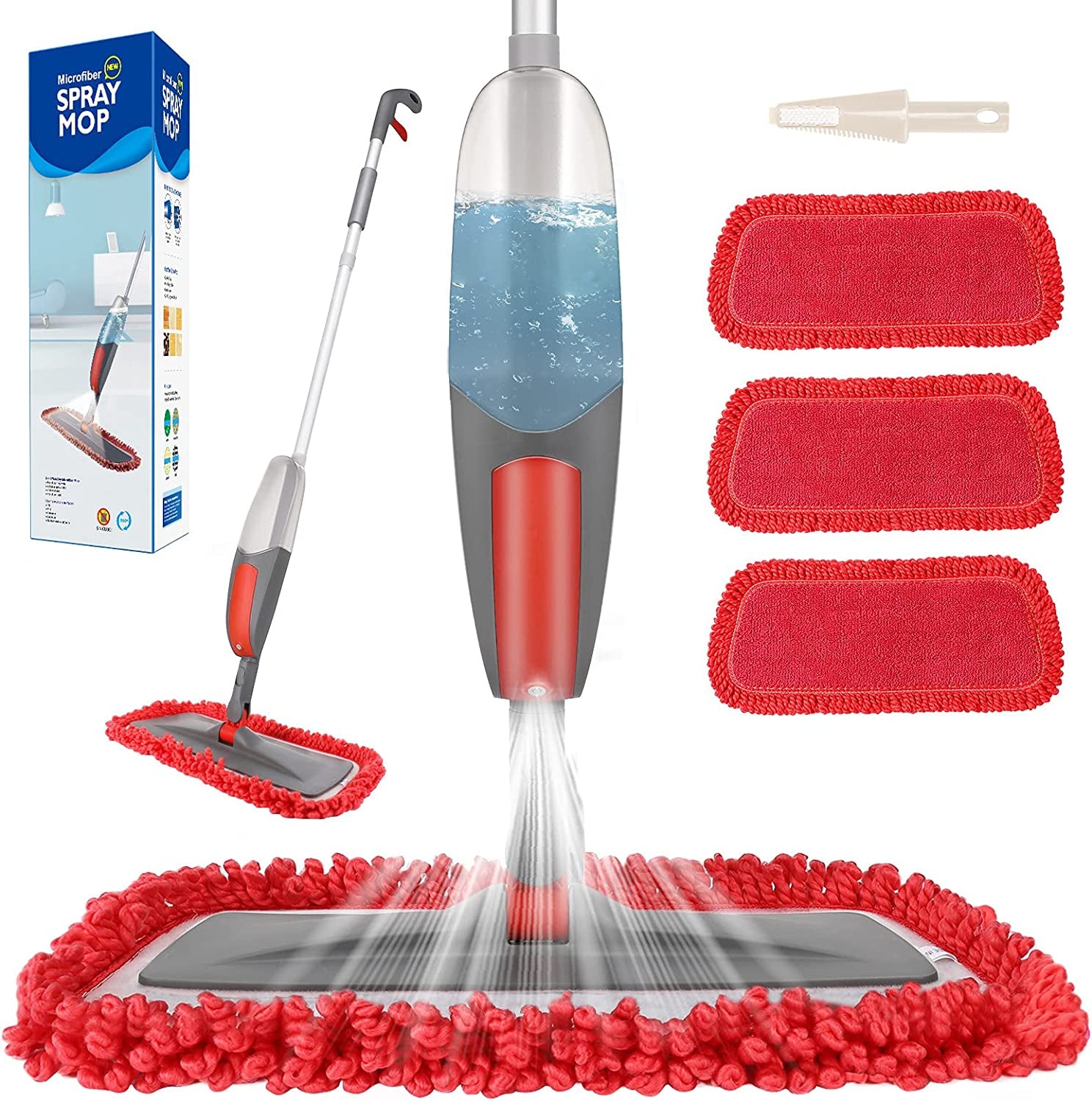 Spray Mop, Floor Mop, 550Ml Wet Jet Mop with 3 Free Reusable Microfiber Pads Multi Mop with Refillable Bottle for Hardwood Floor, Wood, Laminate (Red)